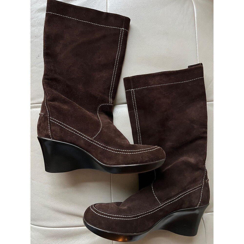 YOU By CROCS Boots Brown Suede White Stitching Wedge Heel  Women’s Sz 9.5 US